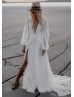 Deep V Neck Ivory Chiffon Slit Wedding Dress